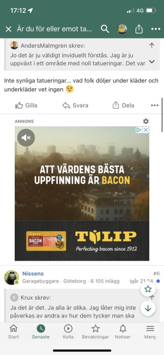 Reklambanner för Tulip Bacon med texten "ATT VÄRLDENS BÄSTA UPPFINNING ÄR BACON" ovanpå stadsbild.