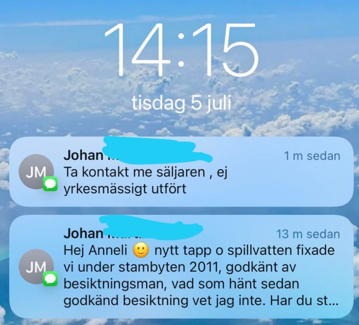 Skärmdump av sms-konversation med diskussion om ej yrkesmässigt utfört arbete relaterat till stambyte.