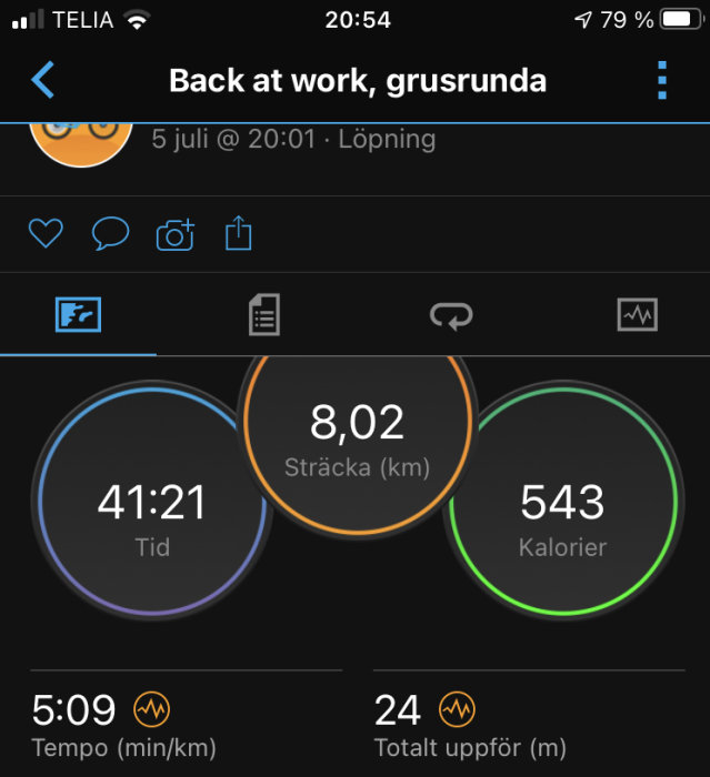 Skärmbild av löparapp med statistik: 8,02 km sträcka, 41:21 tid, 543 förbrända kalorier, 5:09 tempo, och 24 m total stigning.