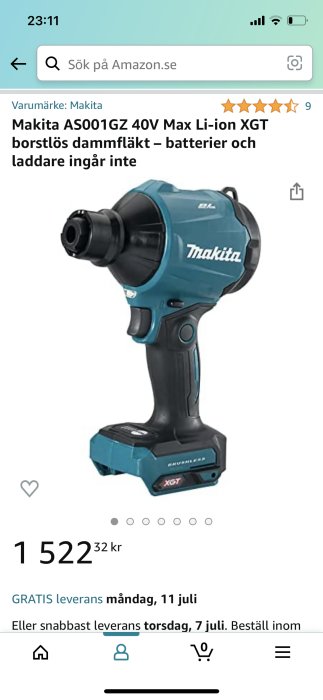 Makita AS001GZ 40V Max Li-ion XGT bortslös dammfläkt utan batteri och laddare på Amazon.