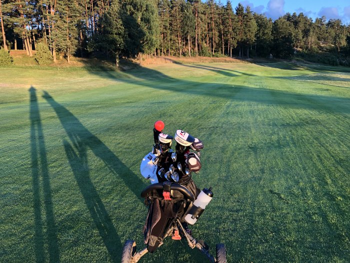 En golfbag på en golfbana med långa skuggor i morgonsol och skog i bakgrunden.