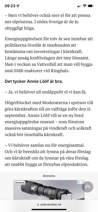 Skärmdump av en nyhetsartikel om energipolitik med fokus på kärnkraft, visar text och en annonsbanner.