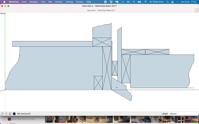 Ritning i SketchUp som visar en altan och dess förbindelse med ett hus.