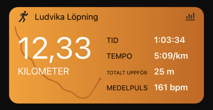 Skärmbild av löpapp med distansen 12,33 km, tid 1:03:34, tempo 5:09/km, total stigning 25 m, puls 161 bpm.