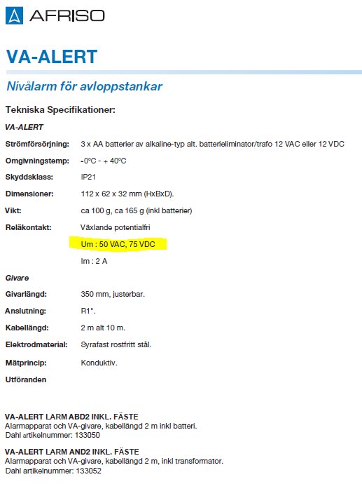 Skärmbild av tekniska specifikationer för Afriso VA-ALERT nivålarm med gulmarkerad text om isolationsklass.