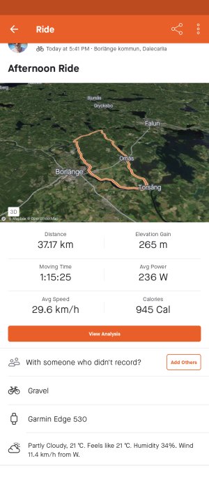 Satellitbild av cykelrutt på 37.17 km markerad med orange linje i Borlänge-området, Dalarna, med statistik.