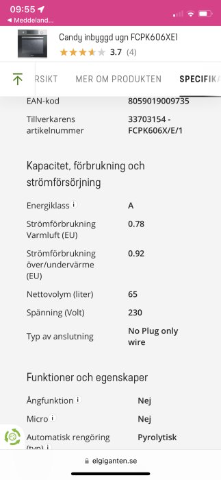 Skärmdump av en hemsida med Candy inbyggd ugn och dess specifikationer såsom energiklass och anslutningstyp.