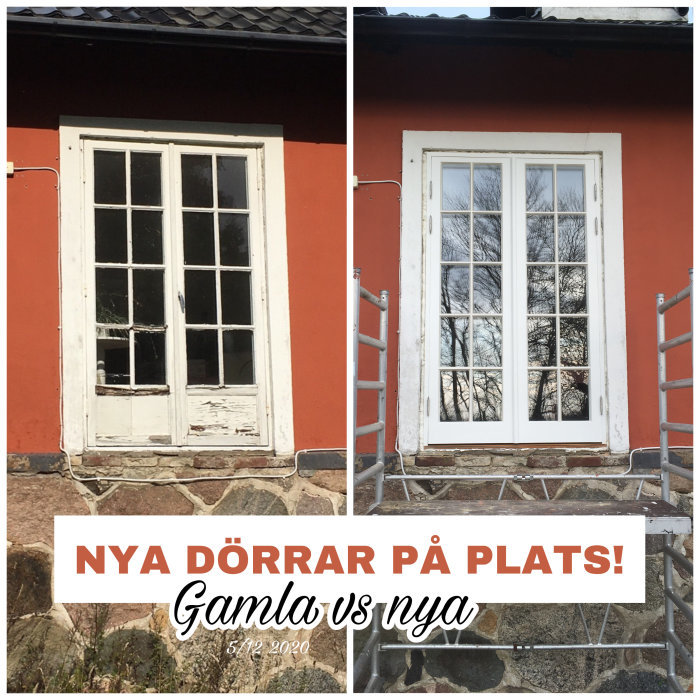 Före och efter bilder av en husdörr, gammal sliten dörr till vänster, ny med extrarad glas till höger.