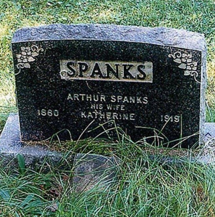 Gravsten med inskriptionen "SPANKS", namnen Arthur och Katherine samt årtalen 1860 och 1939 omgivet av gräs.