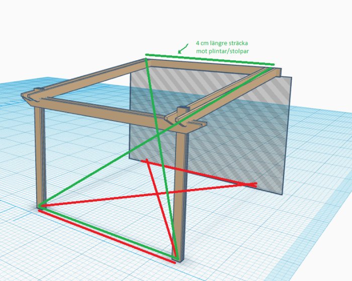 3D-modell av en träramkonstruktion med markerade distanser och laserlinjer för mätning.