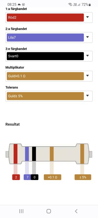 Skärmdump av en motståndskalkylator med röd, lila, svart, guld färgkoder och resultat på en motståndsbild.