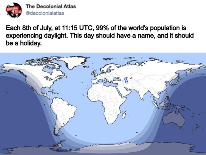 Karta som visar att 99% av världens befolkning upplever dagsljus 11:15 UTC den 8 juli.