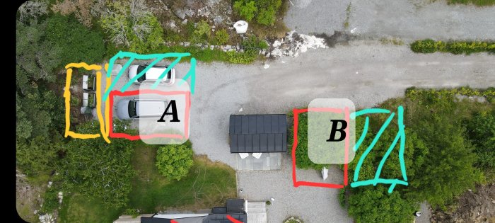 Flygbild över en fastighet med markeringar för potentiella platser för garagebyggnation.