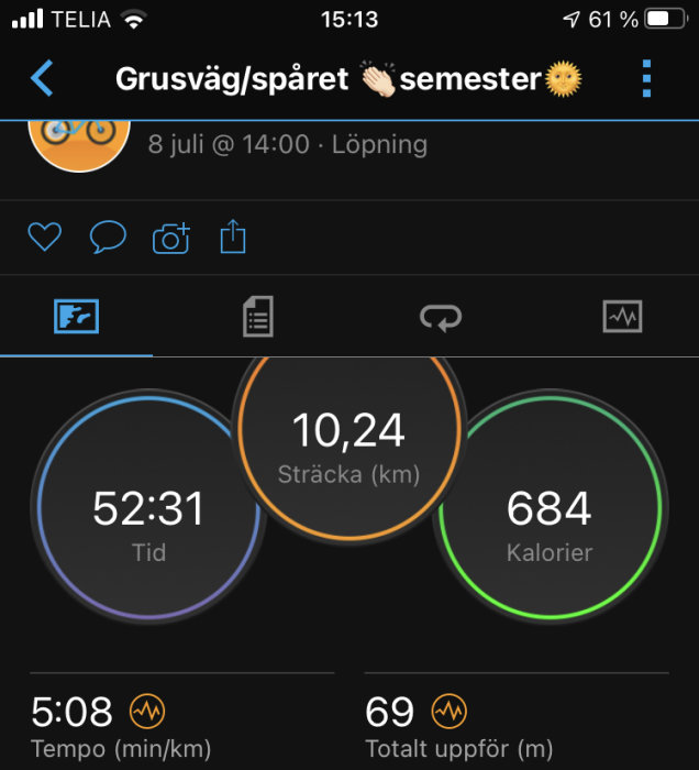 Skärmavbild av träningsapp som visar löpdistans på 10,24 km, tid 52:31, brända kalorier 684, och tempo.