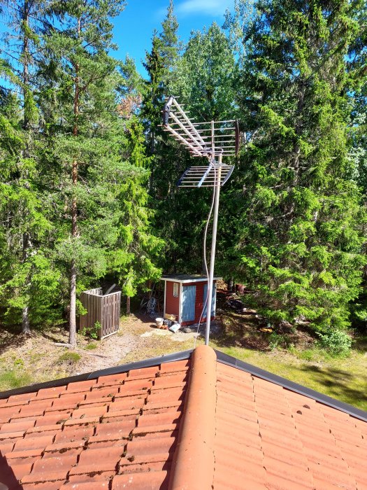 Yagi-antenn monterad på takstolpe över ett rött tegeltak med skog i bakgrunden.