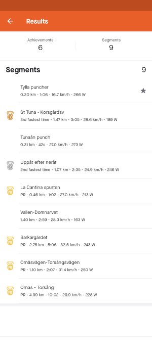 Skärmdump av en sport-app visar cykelsträckor med namn, tider, hastighet och watt.