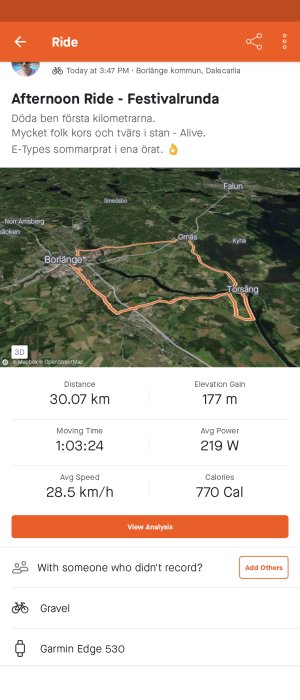 Skärmdump av en cykelrutt på en karta med statistik över genomförd tur inklusive distans, tid och förbrukade kalorier.