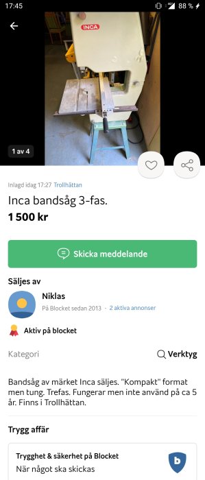 Begagnad Inca bandsåg 3-fas med bord på en verkstadsgolv, till salu i Trollhättan.