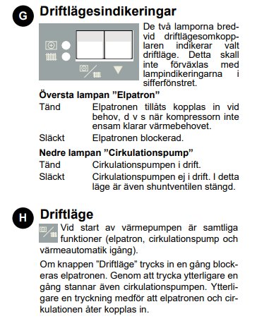 Diagram över driftlägesindikeringar för värmepump med beskrivning av indikatorlampor och driftlägen.