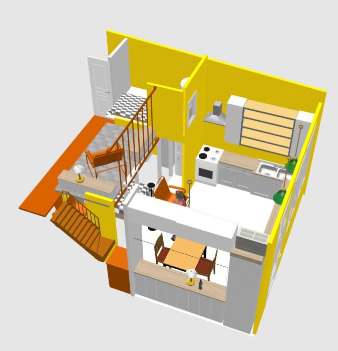 3D-modell av ett mindre hus med öppen planlösning och olika höjder på golv och tak.