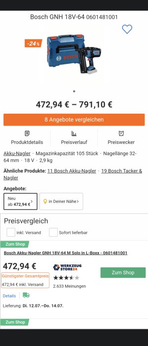 Skärmbild av en Bosch GNH 18V-64 spikpistol med prisintervallet 472,94 € till 791,10 € och rabattmärkning på en webbshop.