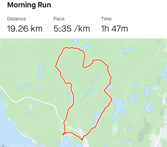 Kartöversikt av morgonlöpning 19,26 km med hastighet av 5:35/km och total tid 1h 47m.