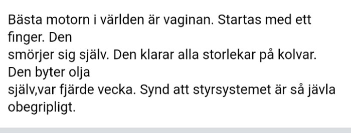 Textmeddelande som använder en metafor för att beskriva en vagina jämfört med en motor.