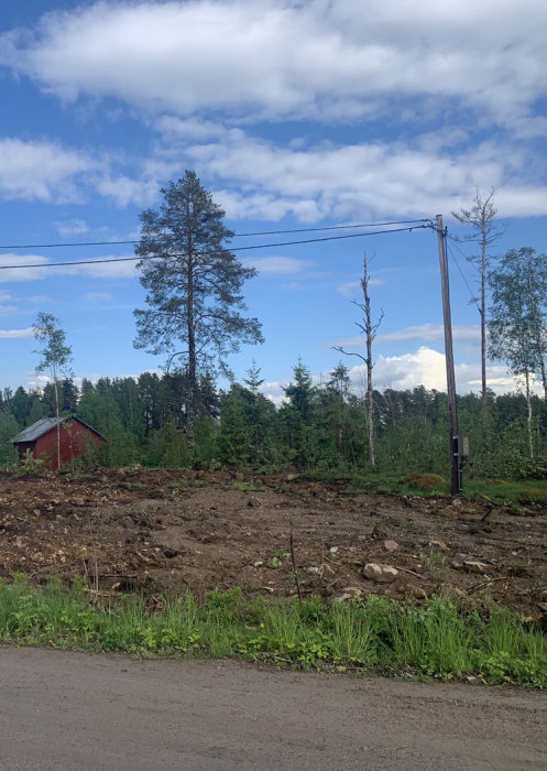 Elstolpe med luftledningar på en nyligen avstyckad och uppgrävd tomt vid skogskanten.