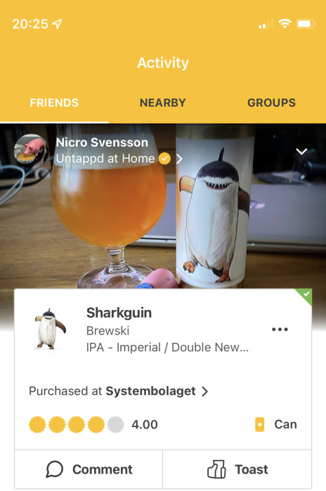 Skärmdump av en mobilapp med en öl vid namn Sharkguin från Brewski, betygsatt 4.0, köpt på Systembolaget.