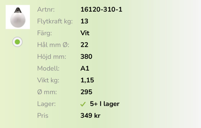 Vit garnblåsa med tekniska specifikationer, angiven flytkraft 13 kg, modell A1.