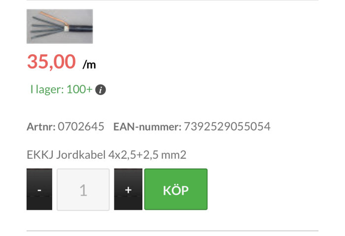 EKKJ jordkabel med fyra kopparledare på 2,5 mm2 avskalade i änden.