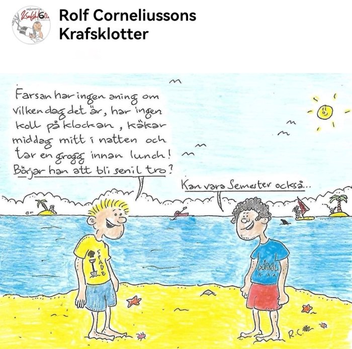 Illustration av två figurer på stranden med tankebubblor om semester och tidsuppfattning.