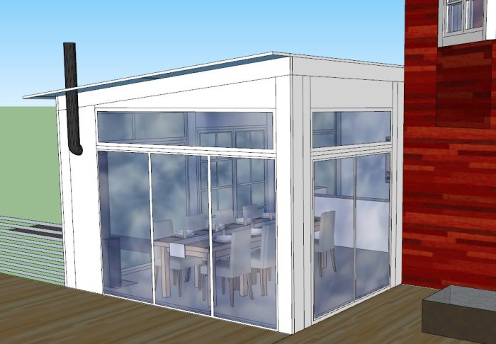 3D-modell av ett hus med en glasveranda, bord och stolar synliga inuti, bredvid en tegelvägg.