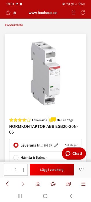 ABB normkontaktor ESB20-20N på en webshopsida, använd för koppling till Shelly 3EM.