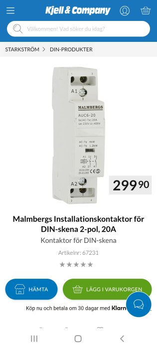 Malmbergs 2-polig installationskontaktor för DIN-skena, 20A, på en e-handelssida.