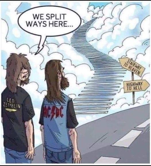 Illustration av två personer i bandtröjor vid vägskäl med skyltar "Stairway to Heaven" och "Highway to Hell".