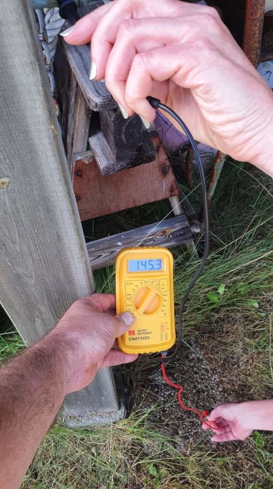 Användning av multimetrar för att mäta spänningen mellan vattenkran och mark, visar 145,3 volt.