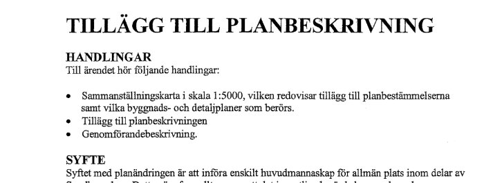 Svartvit dokumentbild som visar en text med rubriken "TILLÄGG TILL PLANBESKRIVNING" och punktlistor.