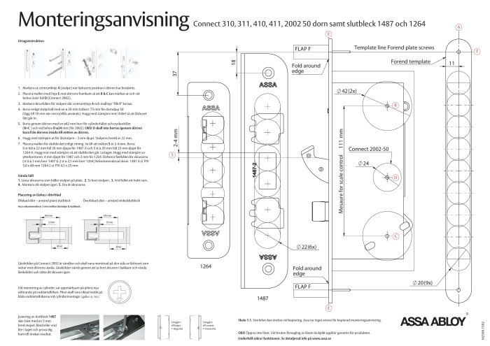 Schematisk monteringsanvisning för ASSA ABLOY låshus med dimensioner och steg-för-steg instruktioner.