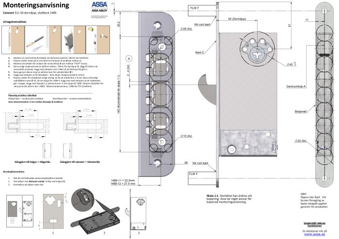 Monteringsanvisning för ASSA ABLOY låshus och slutbleck med illustrationsbilder och måttangivelser.