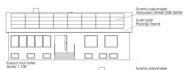 Arkitektonisk ritning av en östfasad med planerade svarta solpaneler och takplåt.