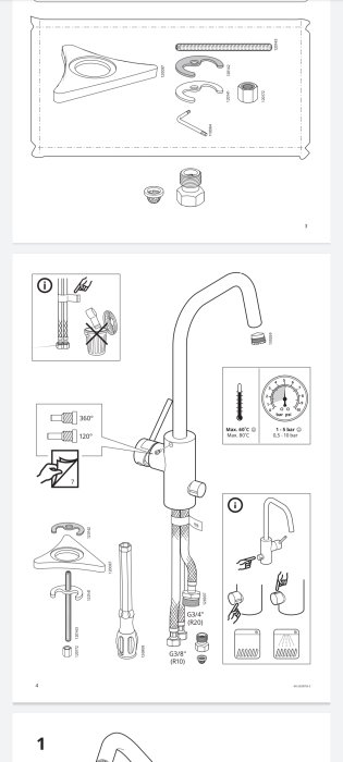 Instruktionsmanual för montering av Älmaren kökskran från Ikea med komponentlista och steg-för-steg instruktioner.