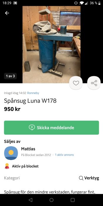 Begagnad spånsug Luna W178 i en verkstad, blå med en grå motor ovanpå, till salu.