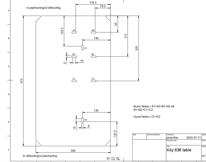 Teknisk ritning av en maskinbordslayout med mått och fästpunkter, benämnd "Kity 636 table".