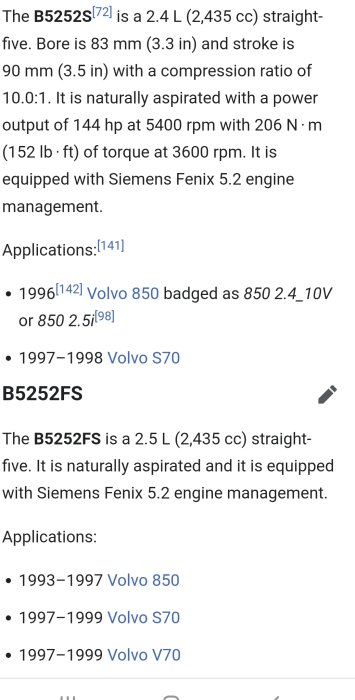 Skärmdump av text som beskriver Volvo B5252S och B5252FS motorers specifikationer och tillämpningar.