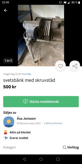 Använd svetsbänk med skruvstäd och verktygsspill på verkstadsgolv.