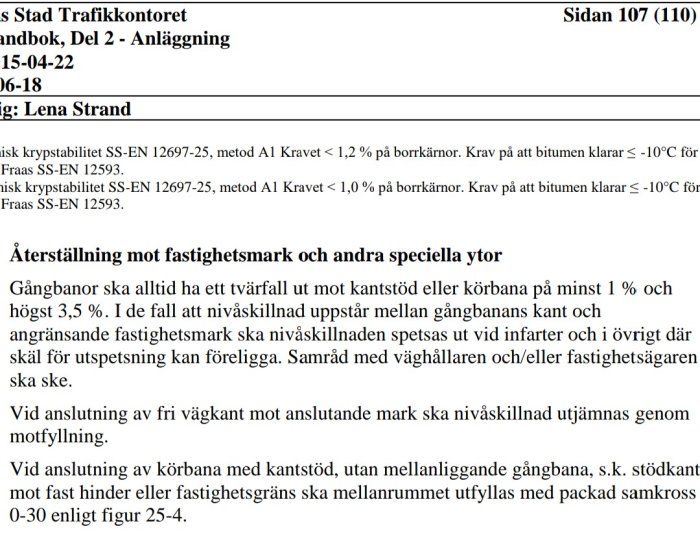 Sida från en teknisk handbok som innehåller riktlinjer för byggande, drift och underhåll på offentlig mark.