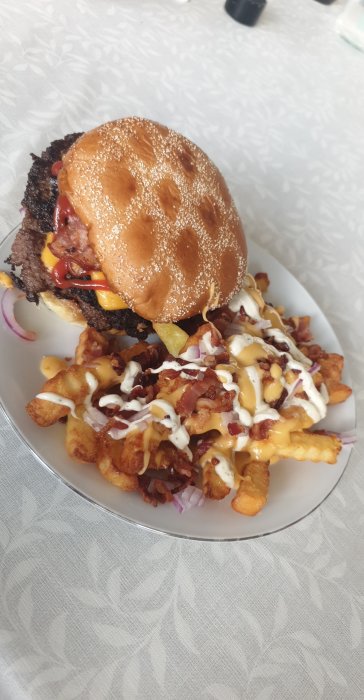 Juicy hamburger with melted cheese and fries topped with bacon, red onions, and sauce on a plate.