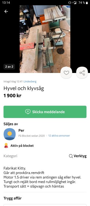 Begagnad kombinerad hyvel och klyvsåg från Fabrikat Kitty i ett arbetsrum, täckt av sågspån.