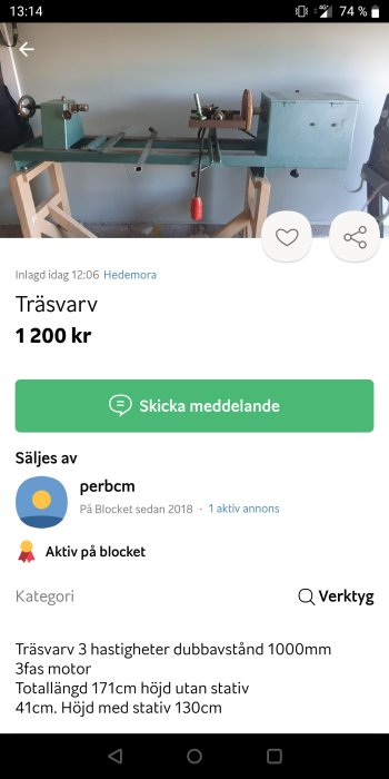 Begagnad trävarv på stativ med tre hastigheter och dubbelstöd säljes.